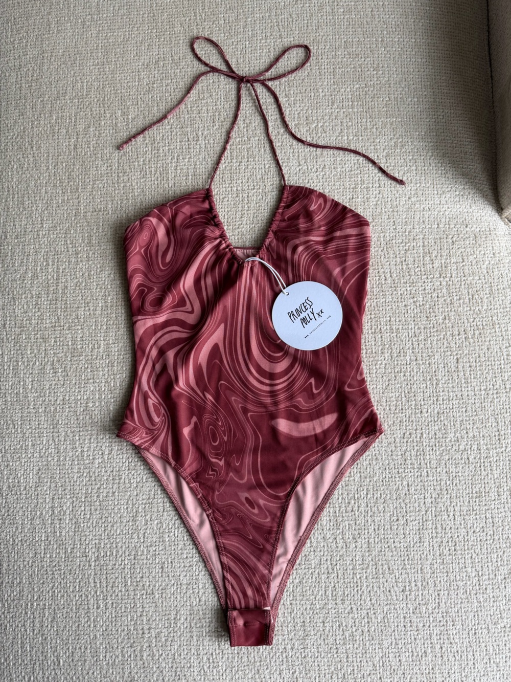Princess Polly Women’s Halter One-Piece Bodysuit in Burgundy Swirl Pattern